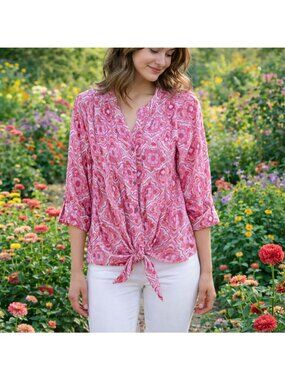 Cocomo Woman Tie-Front Top Size 2X Pink Floral Popover Pintucks Roll-Tab Sleeves